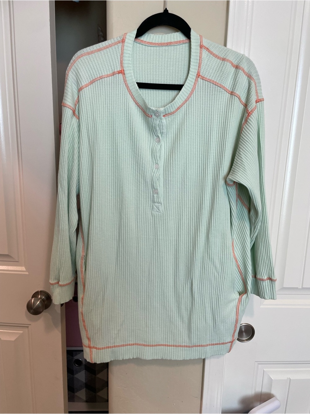 Sundry Mint Waffle Henley with Coral Contrast Trim